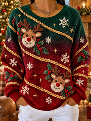 Women Casual Christmas Reindeer Print Waffle Sweatshirt