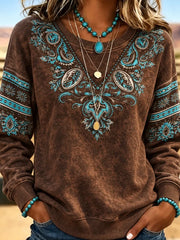 Vintage Floral Western Style Crew Neck Long Sleeve Sweatshirt