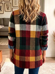 Autumn Color Block Plaid Denim Spliced Blazer Casual Jacket