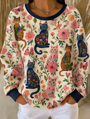 Women Casual Art Botanical Cats Floral Waffle Knit Sweatshirt