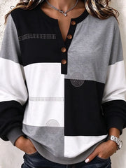 Casual Geometric Color Block Henley Collar Long Sleeve Sweatshirt