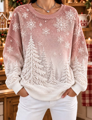 Women Casual Snowflakes And Pine Trees Ombre Waffle Sweatshirt