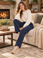 Navy Drawstring Elastic Waist Straight Leg Pants