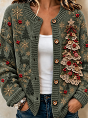 Women Christmas Elk Snowflake Long Sleeve Comfy Vintage Cardigan