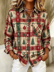 Women Plaid Vintage Shirt Shawl Collar Classic ong Sleeve Top