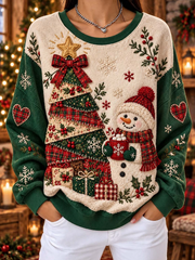 Festive Cozy Patchwork Christmas Tree Snowman Sweatshirt