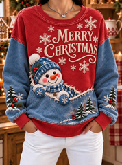 Merry Christmas Colorblock Snowman Peeking Winter Sweatshirt