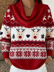 Women Elegant Christmas Ribbed Knit Cowl Neck Sweater