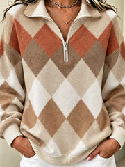 Women Retro Geometric Stand Collar Casual Spring Fall Long Sleeve Sweatshirt