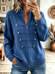Women Zip Up Gold Button Stand Collar Knit Cardigan