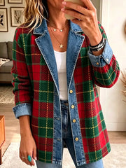 Edgy Women Lapel Button Down Casual Plaid Denim Spliced Blazer Jacket Outerwear