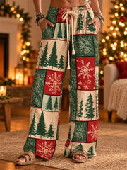 Comfy Women's Christmas Snowflake Pine Tree Colorblock Loose Pants