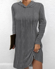 Solid Hoodie Long Sleeve Casual Midi Dress