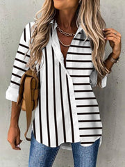 Striped Shirt Collar Long Sleeve Loose Blouse