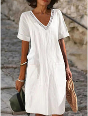 V-neck Short Sleeve Cotton White Shift Short Dress