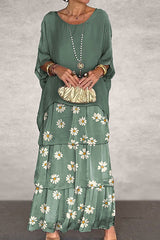 Crew Neck Three Quarter Sleeve Floral Maxi Dress