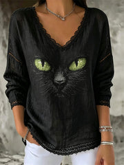 Women's Halloween Black Cat Face Print Lace V Neck Long Sleeve Blouse