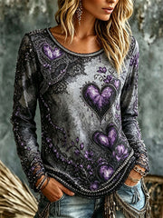 Women's Halloween Grey Purple Heart Floral Lace Splicing Round Neck Long Sleeve Top