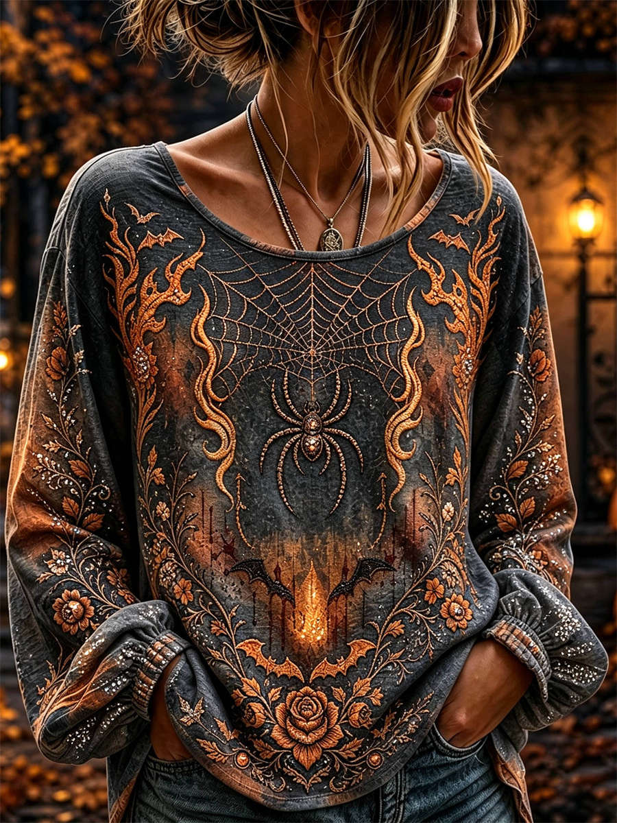 Women's Halloween Dark Grey Spider Web Floral Print Round Neck Long Sleeve Blouse