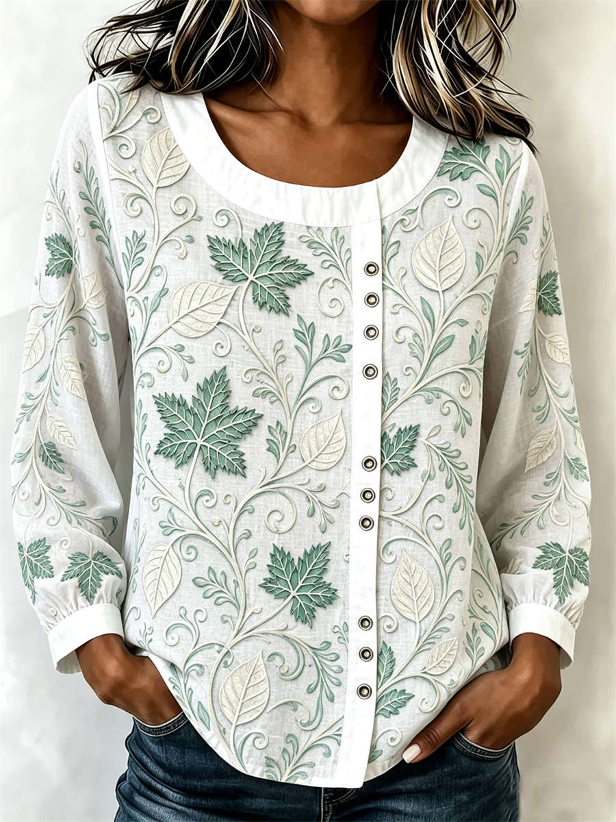 Women's White Maple Leaf Vine Print Round Neck Long Sleeve Blouse
