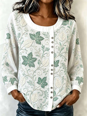 Women's White Maple Leaf Vine Print Round Neck Long Sleeve Blouse
