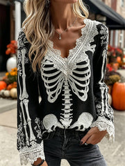Women's Halloween Black Skeleton Lace V Neck Long Sleeve Blouse