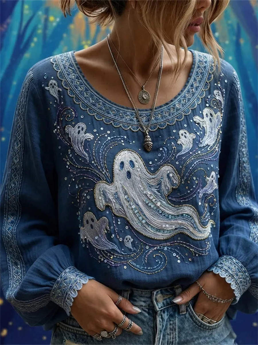 Women's Halloween Blue Ghost Print Round Neck Long Sleeve Blouse