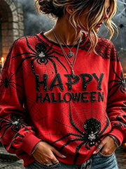 Women's Halloween Red Spider Web Letter Lace Print Round Neck Long Sleeve Sweatshirt