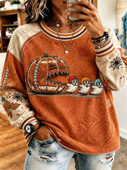 Women's Halloween Orange Beige Pumpkin Ghost Football Print Round Neck Long Sleeve Sweatshirt