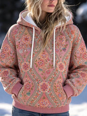Women's Pink Vintage Floral Print Hooded Long Sleeve Hoodie