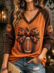 Women's Halloween Orange Brown Pumpkin Bow Print V Neck Long Sleeve Top