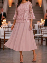 Women's Dusty Pink Leaf Lace Print Round Neck 3/4 Sleeve Midi Dress