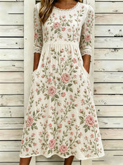 Women's Beige Rose Floral Print Lace Trim Round Neck 3/4 Sleeve Midi Dress