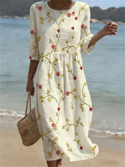 Women's Beige Floral Heart Embroidered Round Neck 3/4 Sleeve Midi Dress