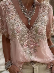 Women's Pink Floral Lace Embroidery V Neck Short Sleeve Blouse