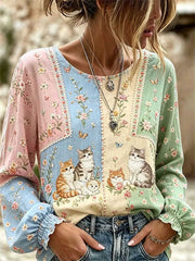 Women's Multi Embroidered Cats Floral Lace Trim Round Neck Long Sleeve Blouse