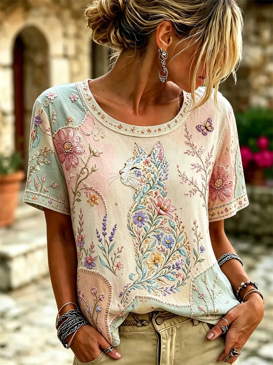 Women's Multi Gradient Embroidered Floral Cat Butterfly Round Neck Short Sleeve Tee