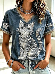 Women's Washed Denim Blue Cat Rhinestone V Neck Short Sleeve Tee