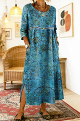 Women's Blue Floral Round Neck Three Quarter Sleeves Maxi Dress