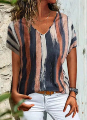 Stripe Print V-neck Short Sleeves Casual T-shirt
