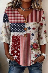 America 250th Anniversary Multi Flag Floral Print V Neck 3/4 Sleeve Blouse