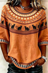 Women's Halloween Orange Black Cat Print Round Neck Half Sleeve Blouse
