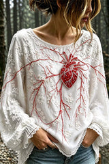 Women's Halloween White Heart Floral Print Round Neck Puff Long Sleeve Blouse