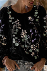 Women's Black Floral Round Neck Long Sleeve Blouse