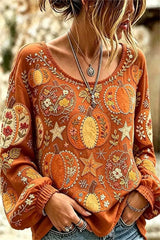 Women's Halloween Orange Pumpkin Floral Star Round Neck Long Sleeve Blouse