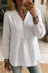 Women's White Solid V Neck Long Sleeve Blouse