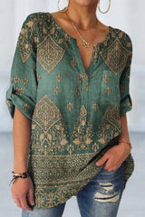 Women's Green Bohemian Print V Neck Three Quarter Sleeve Blouse