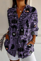 Women's Halloween Purple Pumpkin Bat Black Cat Print Collar Long Sleeve Shirt