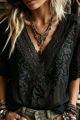 Women's Black Rose Floral Lace Embroidery V Neck Short Sleeve Blouse