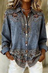 Women's Washed Blue Ethnic Floral Lapel Collar Long Sleeve Shirt